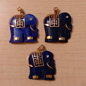 Set 3 New Vintage Blue Lapis Gem Stone Elephant Pendant